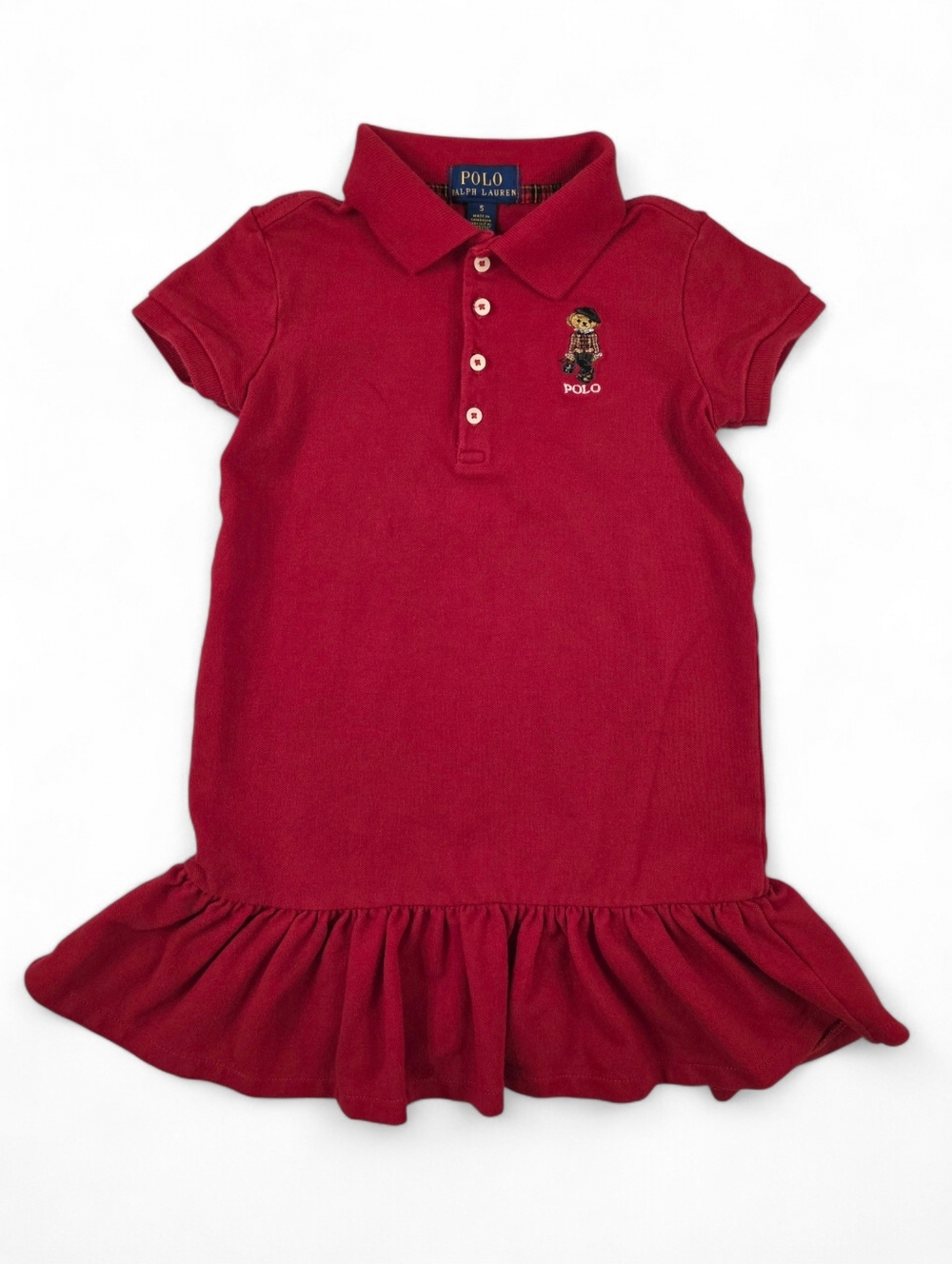 Polo Ralph Lauren Girls Red Knit Polo Dress Embroidered Bear Logo Size 5 Preppy